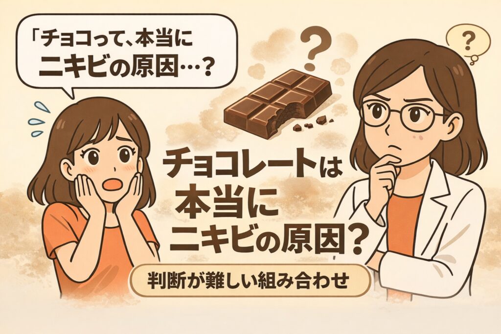 チョコレートとニキビの関係をテーマにした図解イラスト。チョコレートが中央に描かれ、「ニキビの原因なのか？」という疑問を持つ女性と考える白衣の女性キャラクターが配置されている。「チョコレートは本当にニキビの原因？」というテーマが強調されている。