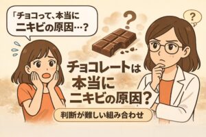 チョコレートとニキビの関係をテーマにした図解イラスト。チョコレートが中央に描かれ、「ニキビの原因なのか？」という疑問を持つ女性と考える白衣の女性キャラクターが配置されている。「チョコレートは本当にニキビの原因？」というテーマが強調されている。