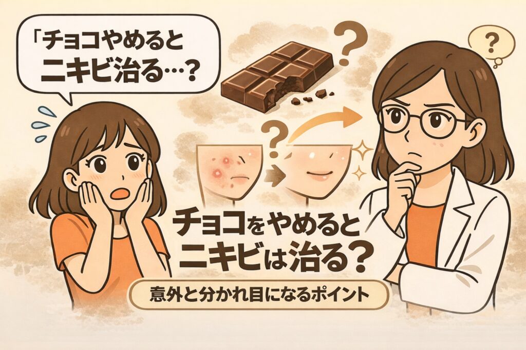 チョコレートをやめるとニキビが改善するのかをテーマにした図解イラスト。チョコレートとニキビ肌から改善した肌への変化が描かれ、疑問を持つ女性と考える白衣の女性キャラクターが配置されている。「チョコをやめるとニキビは治る？」というテーマが強調されている。