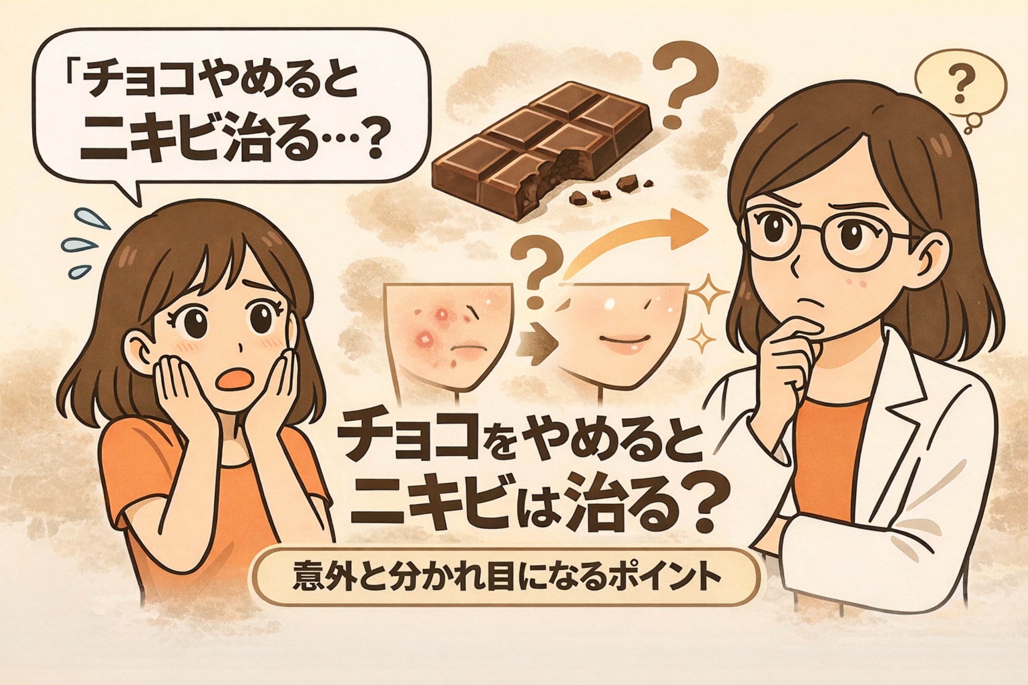 チョコレートをやめるとニキビが改善するのかをテーマにした図解イラスト。チョコレートとニキビ肌から改善した肌への変化が描かれ、疑問を持つ女性と考える白衣の女性キャラクターが配置されている。「チョコをやめるとニキビは治る？」というテーマが強調されている。