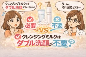 クレンジングミルクでダブル洗顔が必要かどうかを解説するイラスト。左では女性が「クレンジングミルクってダブル洗顔するべきなの？」と疑問を持っている。中央にはクレンジングミルクのボトルと洗顔料が描かれ、「必要」と「不要」が対比されている。右側では白衣の女性が「それ困るよね…」と考えている様子。下部には「クレンジングミルクはダブル洗顔が不要？」というタイトルがあり、ミルククレンジングと洗顔の関係を解説する内容を示している。