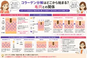 「コラーゲン分解はどこから始まる？毛穴との関係」と書かれた日本語インフォグラフィック。左に悩む女性、右に白衣の女性が配置され、中央にはコラーゲン分解が真皮の浅い層から始まり、毛穴の形や大きさに影響を与える過程が図解されている。下部には紫外線や乾燥などの原因、分解のメカニズム、毛穴への影響、ケアのポイントが整理されている。