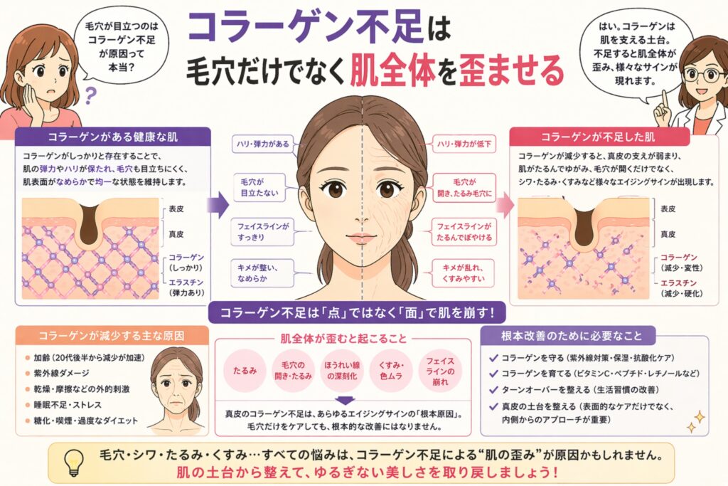 「コラーゲン不足は毛穴だけでなく肌全体を歪ませる」と書かれた日本語インフォグラフィック。中央に左右で比較された女性の顔があり、コラーゲンが十分な肌と不足した肌の違い(毛穴の目立ち、たるみ、くすみなど)が示されている。左右には真皮構造の比較図も配置され、下部にはコラーゲン減少の原因や改善のポイントがまとめられている。
