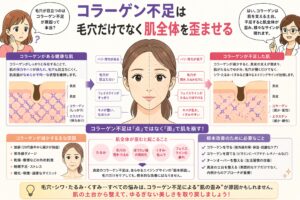 「コラーゲン不足は毛穴だけでなく肌全体を歪ませる」と書かれた日本語インフォグラフィック。中央に左右で比較された女性の顔があり、コラーゲンが十分な肌と不足した肌の違い（毛穴の目立ち、たるみ、くすみなど）が示されている。左右には真皮構造の比較図も配置され、下部にはコラーゲン減少の原因や改善のポイントがまとめられている。
