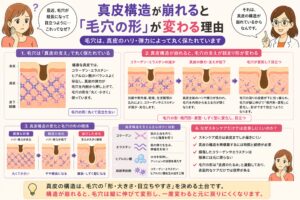 「真皮構造が崩れると毛穴の形が変わる理由」と書かれた日本語インフォグラフィック。左に悩む女性、右に白衣の女性が配置され、中央には正常な真皮構造と崩れた構造の比較図があり、毛穴が丸い状態から縦長・しずく型へ変形する過程が段階的に示されている。下部にはコラーゲン・エラスチンなど真皮構造の役割や、スキンケアだけでは改善しにくい理由が整理されている。