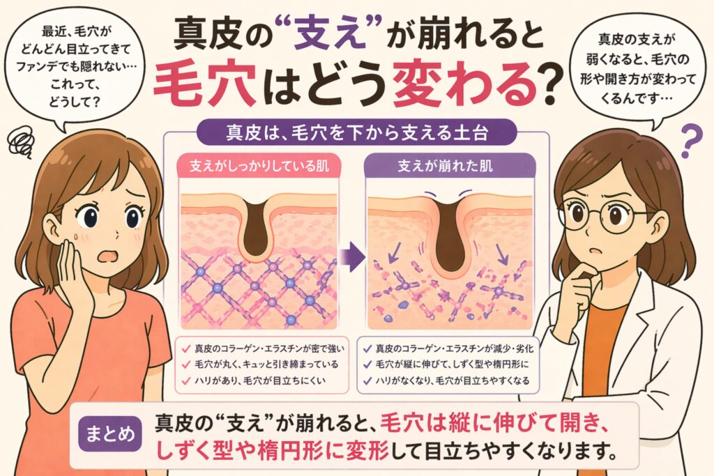 「真皮の“支え”が崩れると毛穴はどう変わる？」というタイトルの日本語インフォグラフィック。左に悩む女性、右に白衣の女性が配置され、中央には真皮の構造がしっかりしている肌と崩れた肌の比較図があり、毛穴が引き締まった状態から縦に伸びてしずく型や楕円形に変形する様子が示されている。下部にはまとめとして、真皮の支えが弱くなると毛穴が目立ちやすくなるという説明が強調されている。