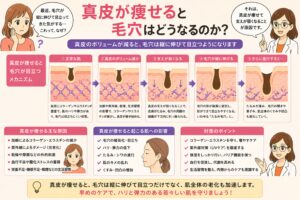 「真皮が痩せると毛穴はどうなるのか？」というタイトルの日本語インフォグラフィック。左に悩む女性、右に白衣の女性が配置され、中央には正常な肌から真皮のボリューム減少、支えの低下を経て毛穴が縦に伸びて目立つまでの過程が段階的に図解されている。下部には真皮が痩せる原因や肌への影響、対策ポイントがまとめられている。