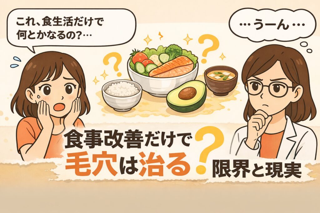 食事改善だけで毛穴が改善するのかをテーマにした図解イラスト。バランスの良い食事が描かれる一方で、「食事だけで治るのか？」という疑問を持つ女性と考える白衣の女性キャラクターが配置され、「限界と現実」というメッセージが強調されている。