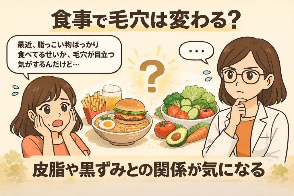 食事と毛穴の関係をテーマにした図解イラスト。脂っこい食事（ハンバーガーやポテトなど）と野菜中心の食事が対比され、毛穴や皮脂・黒ずみへの影響について疑問を持つ女性と考える白衣の女性キャラクターが描かれている。「食事で毛穴は変わる？」という問いが大きく表示されている。