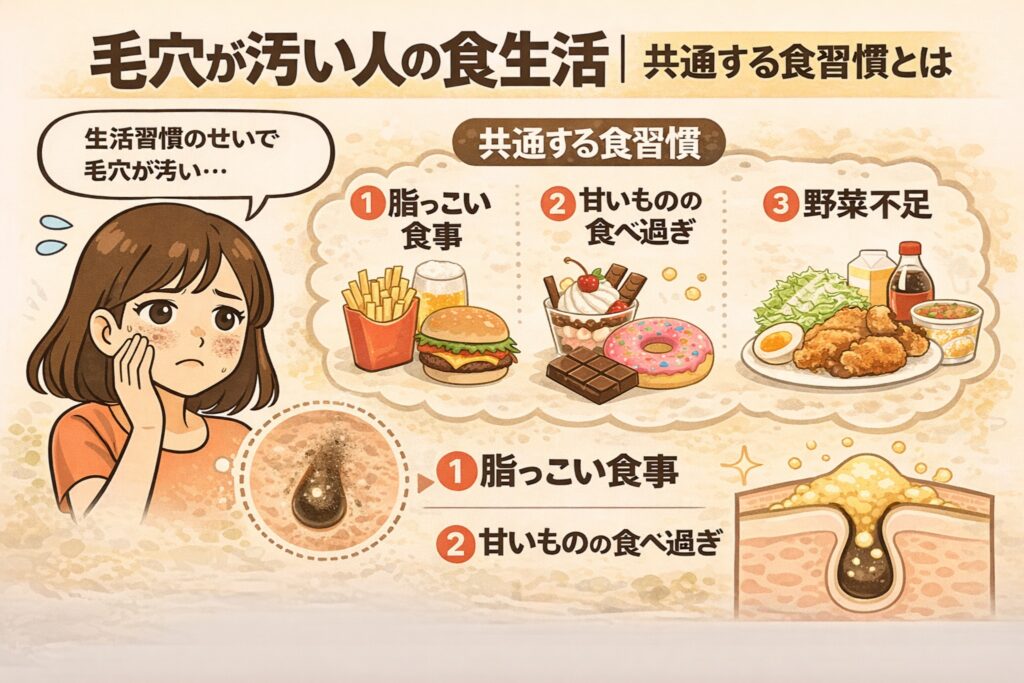 毛穴が汚い人の食生活と共通する習慣を解説した図解イラスト。脂っこい食事、甘いものの食べ過ぎ、野菜不足の3つの食習慣が並び、毛穴に角栓が詰まる様子の断面図とともに説明されている。悩む女性キャラクターが配置されている。