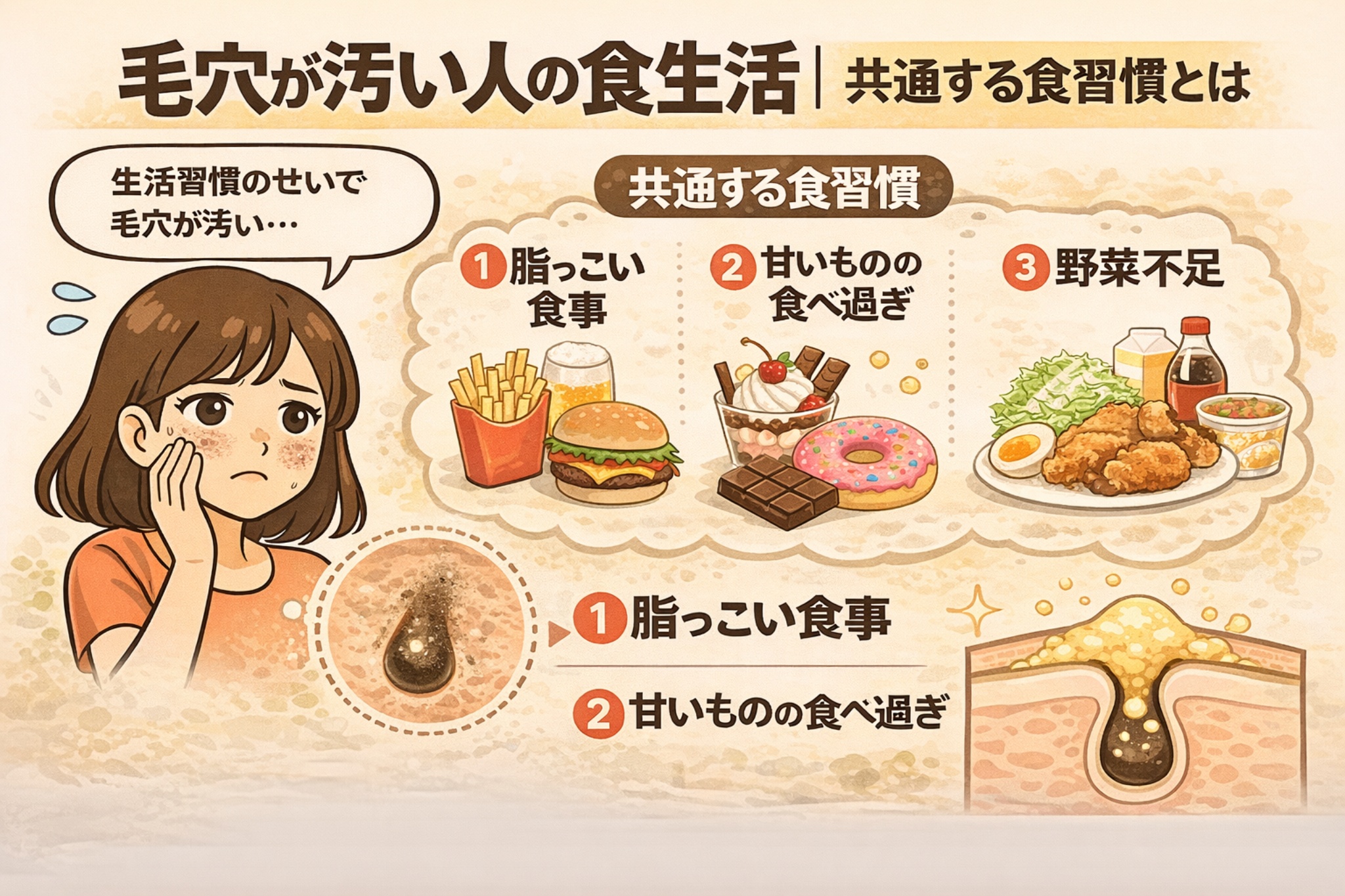 毛穴が汚い人の食生活と共通する習慣を解説した図解イラスト。脂っこい食事、甘いものの食べ過ぎ、野菜不足の3つの食習慣が並び、毛穴に角栓が詰まる様子の断面図とともに説明されている。悩む女性キャラクターが配置されている。