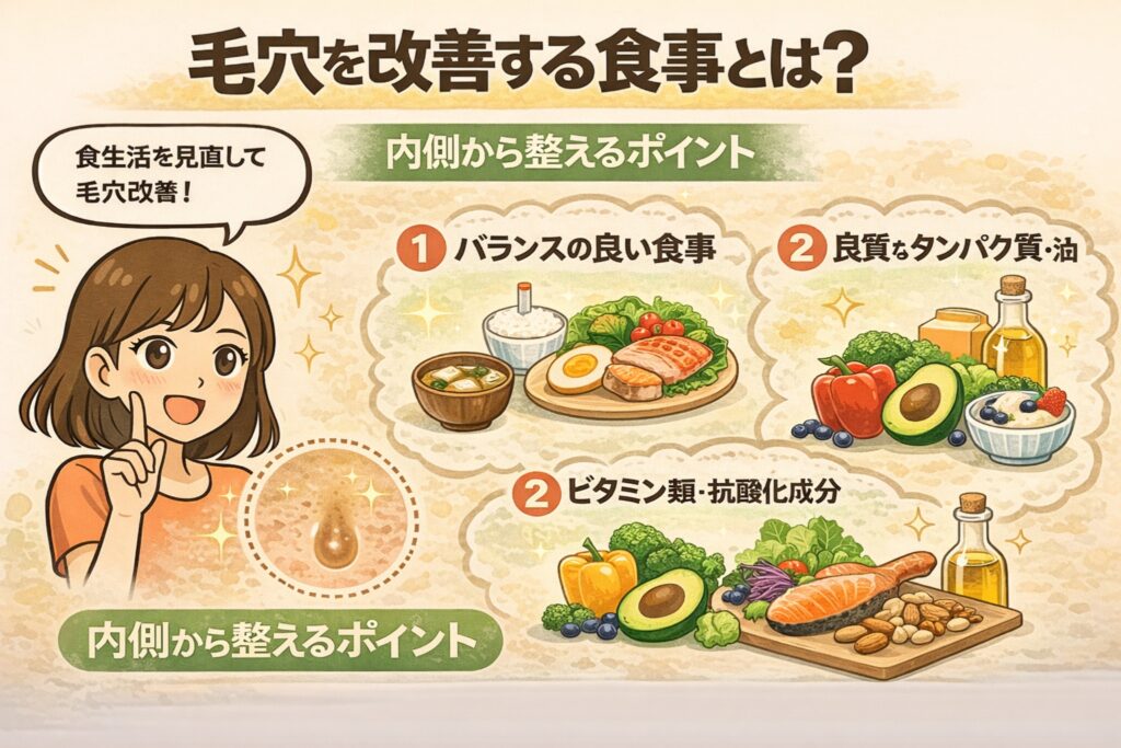 毛穴を改善するための食事内容を解説した図解イラスト。バランスの良い食事、良質なタンパク質と油、ビタミンや抗酸化成分を含む食品が示され、内側から毛穴環境を整えるポイントを説明している。女性キャラクターが前向きに解説している。