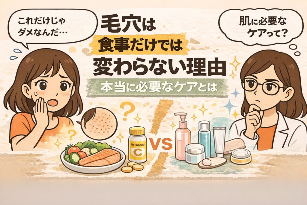 食事だけでは毛穴は変わらない理由を解説した図解イラスト。食事やビタミンCとスキンケア用品が対比され、毛穴改善には外側からのケアも必要であることを示している。悩む女性と考える白衣の女性キャラクターが配置されている。