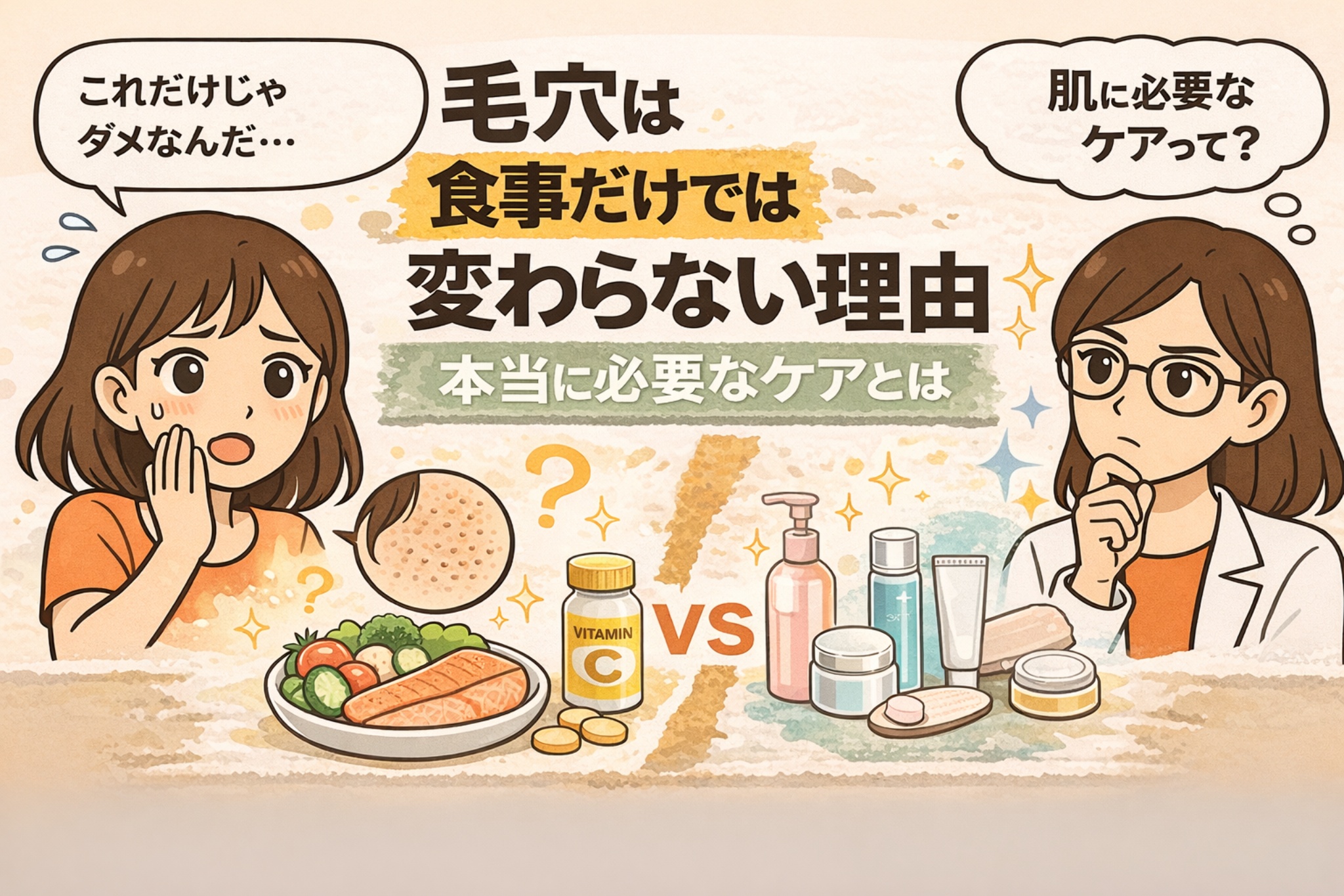 食事だけでは毛穴は変わらない理由を解説した図解イラスト。食事やビタミンCとスキンケア用品が対比され、毛穴改善には外側からのケアも必要であることを示している。悩む女性と考える白衣の女性キャラクターが配置されている。