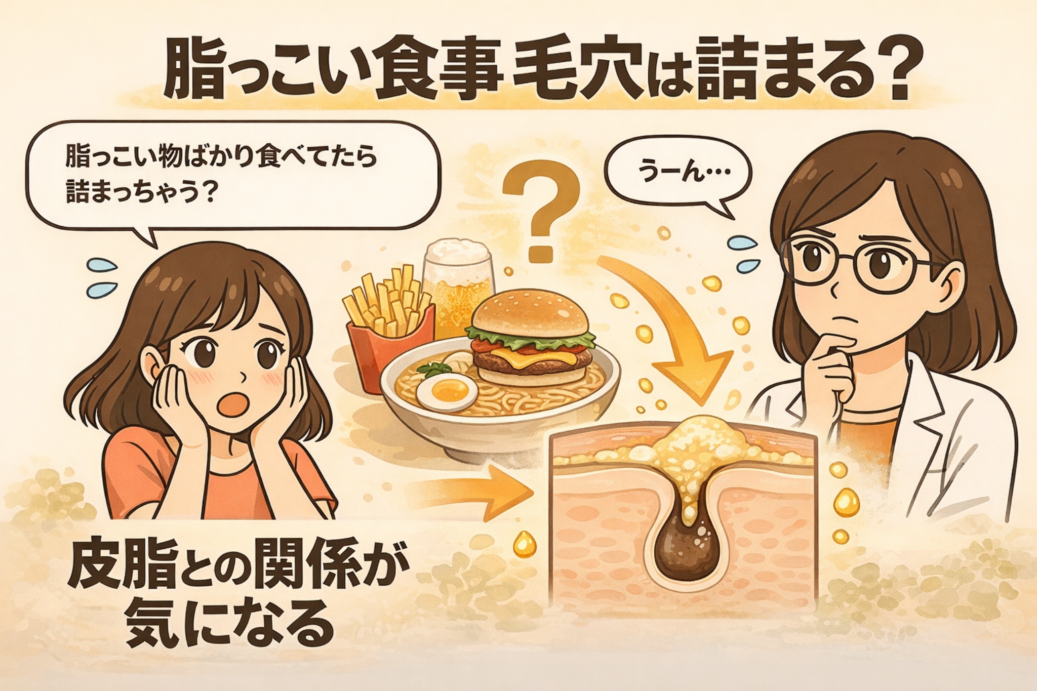脂っこい食事と毛穴詰まりの関係を解説した図解イラスト。ハンバーガーやポテトなどの脂質の多い食事と、毛穴に皮脂が詰まる様子の断面図が矢印でつながれており、食事と皮脂分泌の関係について疑問を持つ女性と考える白衣の女性キャラクターが描かれている。