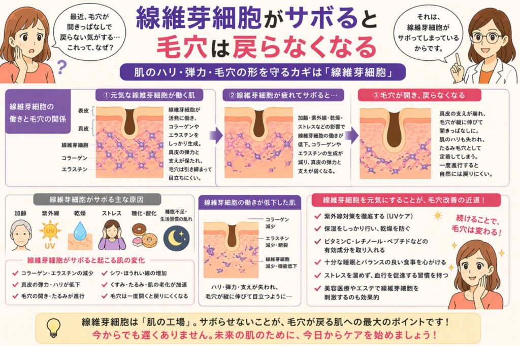 「線維芽細胞がサボると毛穴は戻らなくなる」と書かれた日本語インフォグラフィック。左に悩む女性、右に白衣の女性が配置され、中央には線維芽細胞が正常に働く肌から機能低下した肌へ変化し、毛穴が開いて戻りにくくなる過程が図解されている。下部には原因（加齢・紫外線・ストレスなど）や対策（UVケア・保湿・生活習慣改善など）がまとめられている。