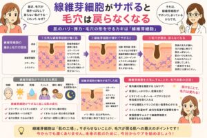 「線維芽細胞がサボると毛穴は戻らなくなる」と書かれた日本語インフォグラフィック。左に悩む女性、右に白衣の女性が配置され、中央には線維芽細胞が正常に働く肌から機能低下した肌へ変化し、毛穴が開いて戻りにくくなる過程が図解されている。下部には原因（加齢・紫外線・ストレスなど）や対策（UVケア・保湿・生活習慣改善など）がまとめられている。