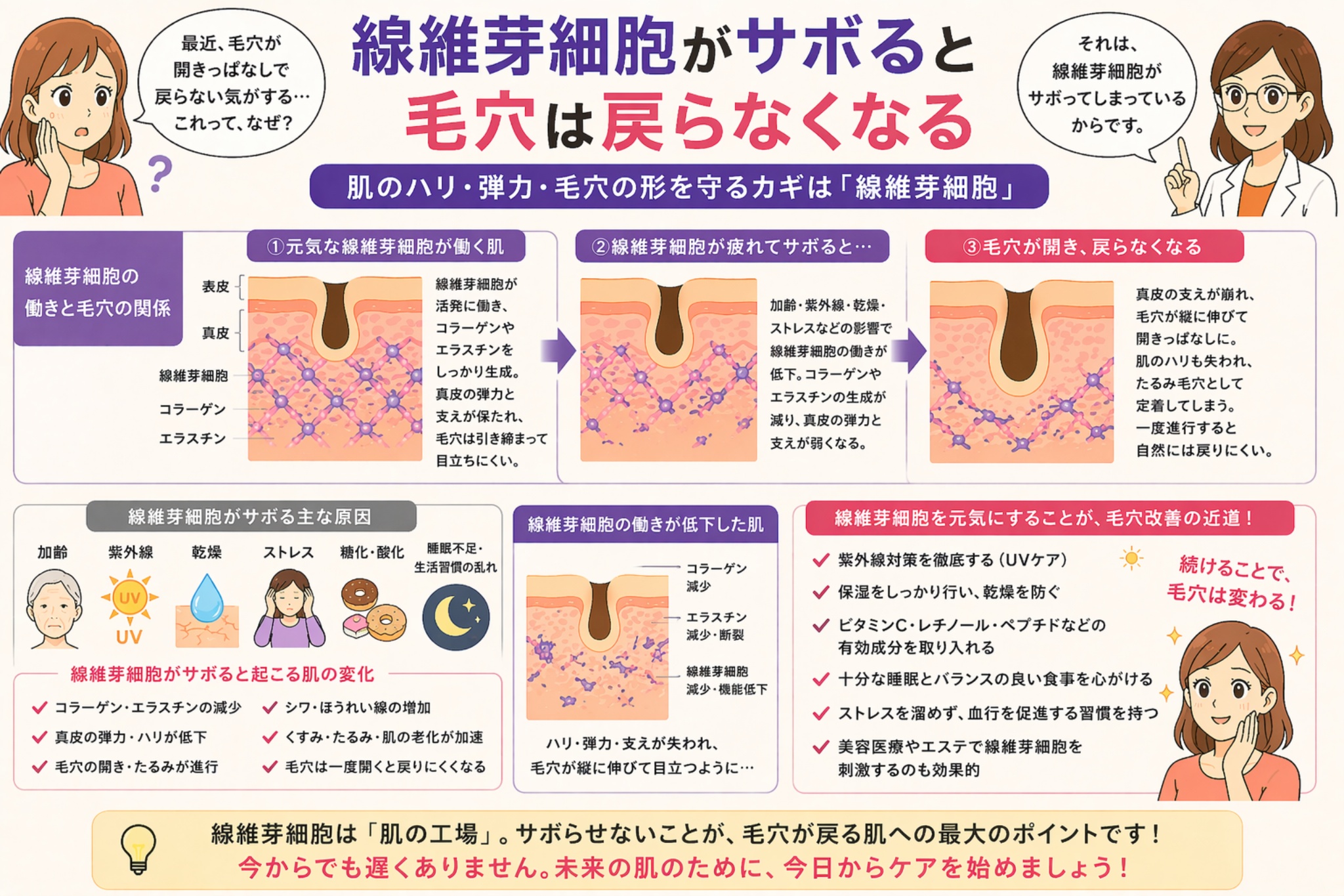 「線維芽細胞がサボると毛穴は戻らなくなる」と書かれた日本語インフォグラフィック。左に悩む女性、右に白衣の女性が配置され、中央には線維芽細胞が正常に働く肌から機能低下した肌へ変化し、毛穴が開いて戻りにくくなる過程が図解されている。下部には原因（加齢・紫外線・ストレスなど）や対策（UVケア・保湿・生活習慣改善など）がまとめられている。