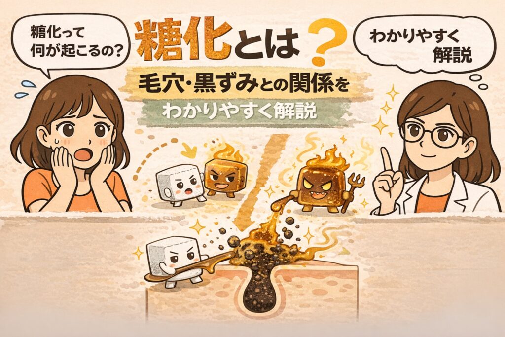 糖化と毛穴・黒ずみの関係を解説した図解イラスト。糖とタンパク質が結びつくことで肌に影響が出る様子をキャラクター化して表現し、最終的に毛穴に角栓が詰まる流れを示している。疑問を持つ女性と解説する白衣の女性キャラクターが配置されている。