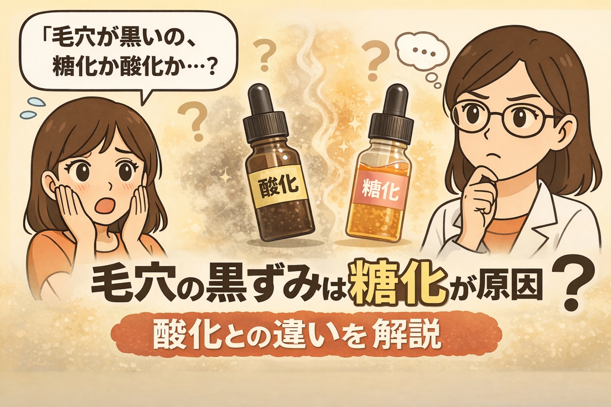 毛穴の黒ずみの原因として糖化と酸化の違いを解説した図解イラスト。酸化と糖化の2つの要因がボトルで示され、どちらが原因か疑問を持つ女性と考える白衣の女性キャラクターが描かれている。「毛穴の黒ずみは糖化が原因？」というテーマが強調されている。