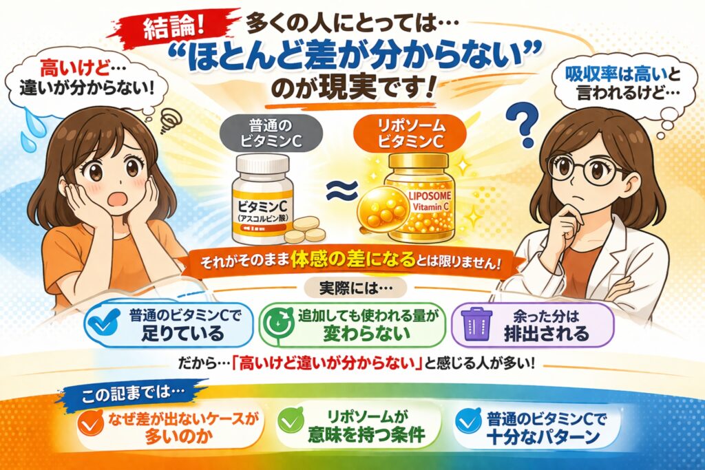 リポソームビタミンCと通常のビタミンCの違いについて結論を示した図解イラスト。「多くの人にとってはほとんど差が分からないのが現実」というメッセージを中心に、吸収率の違いや体感差について説明。左右に女性キャラクターが配置され、中央に両者の比較が描かれている。
