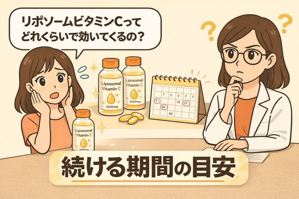 リポソームビタミンCの効果を感じるまでの期間をテーマにした図解イラスト。サプリメントボトルとカレンダーが描かれ、継続期間の目安を示しながら、どれくらいで効果を感じるかについて疑問を持つ女性と考える白衣の女性キャラクターが配置されている。