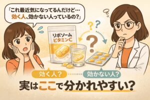 リポソームビタミンCの効果の違いをテーマにした図解イラスト。サプリメントやドリンクとしてのビタミンCが描かれ、「効く人」と「効かない人」の違いについて疑問を持つ女性と考える白衣の女性キャラクターが対比されている。「実はここで分かれやすい？」というメッセージが大きく表示されている。
