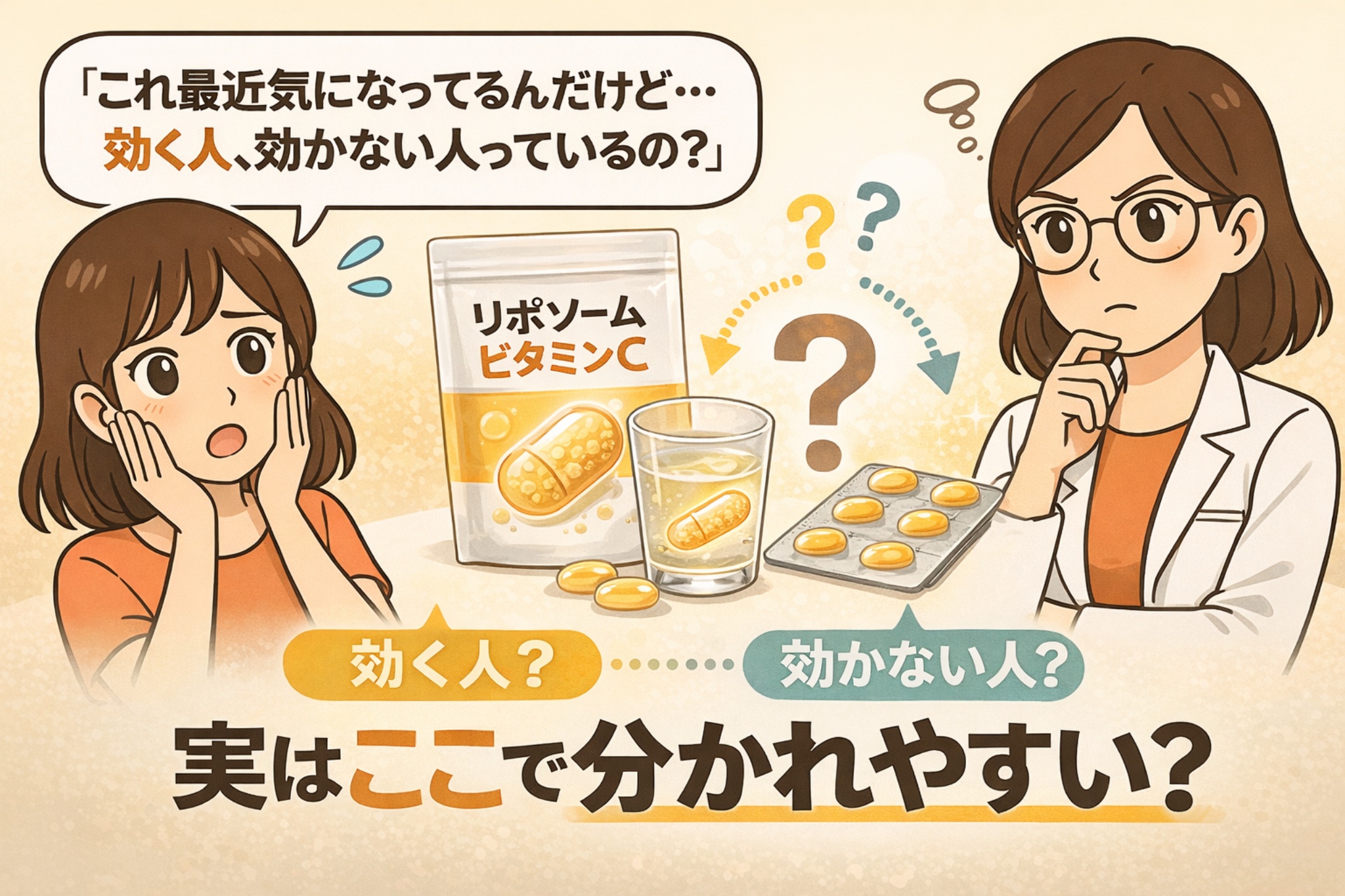 リポソームビタミンCの効果の違いをテーマにした図解イラスト。サプリメントやドリンクとしてのビタミンCが描かれ、「効く人」と「効かない人」の違いについて疑問を持つ女性と考える白衣の女性キャラクターが対比されている。「実はここで分かれやすい？」というメッセージが大きく表示されている。