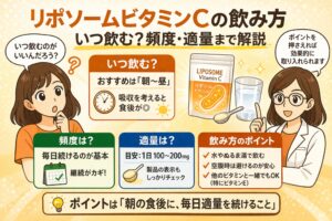 リポソームビタミンCの正しい飲み方を解説した図解イラスト。朝から昼に飲むのがおすすめで食後が良いこと、1日100〜200mgの適量、毎日継続する重要性、水やぬるま湯で飲むなどのポイントが整理されている。女性キャラクターが解説している。