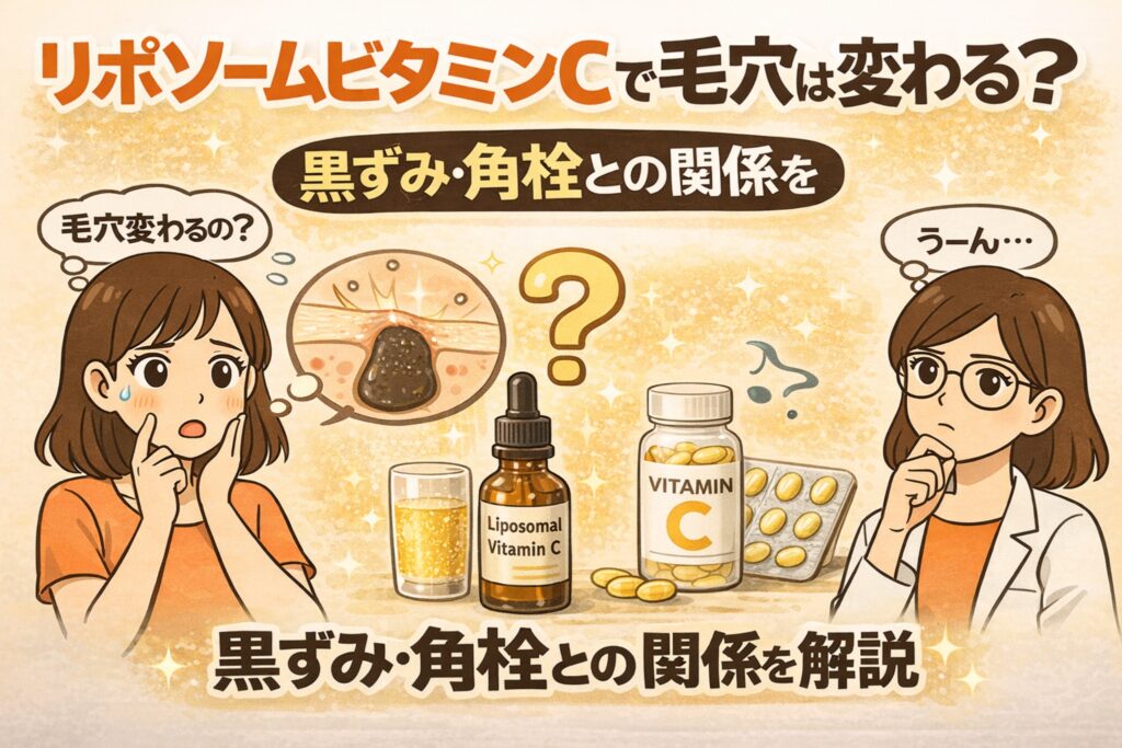 リポソームビタミンCが毛穴に与える影響をテーマにした図解イラスト。黒ずみや角栓の拡大図とともに、ビタミンCサプリやドリンクが描かれ、毛穴が変わるのかという疑問を持つ女性と考える白衣の女性キャラクターが配置されている。