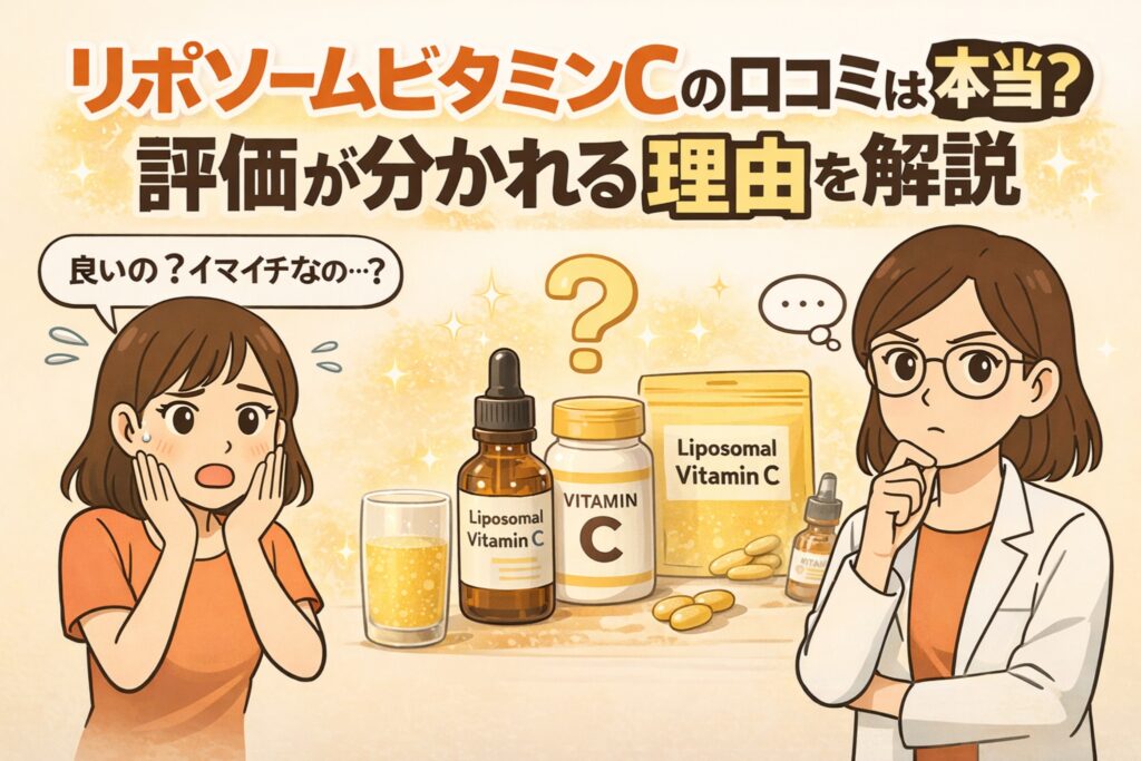 リポソームビタミンCの口コミ評価について解説する図解イラスト。ドリンクやサプリ、液体タイプの製品が並び、評価が分かれる理由について疑問を持つ女性と考える白衣の女性キャラクターが描かれている。「口コミは本当？評価が分かれる理由を解説」というテーマが大きく表示されている。