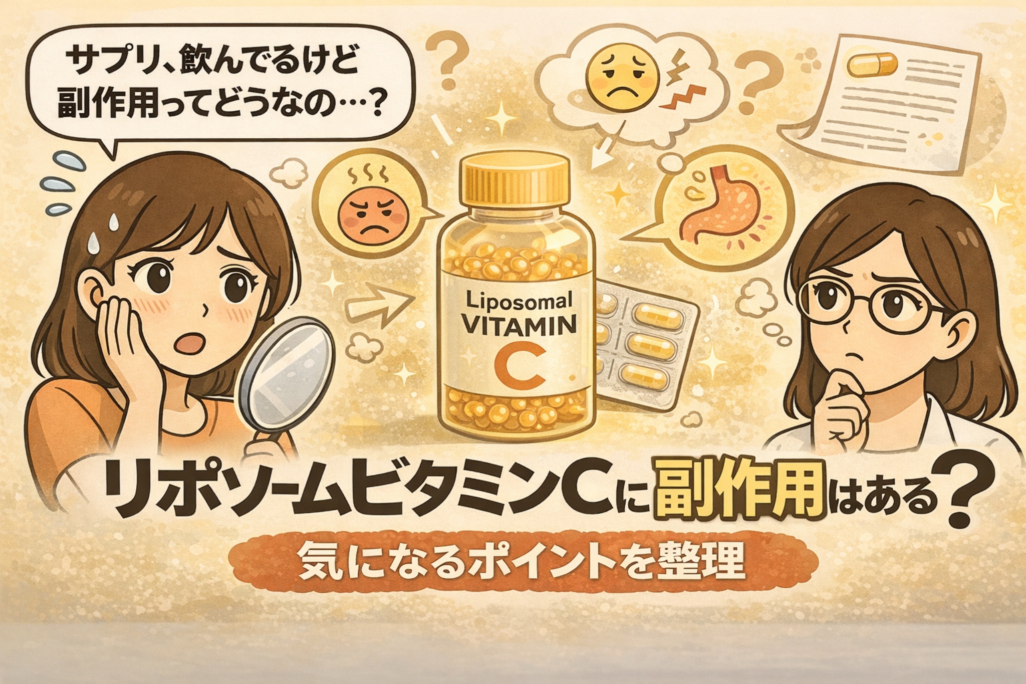 リポソームビタミンCの副作用について解説した図解イラスト。サプリメントボトルを中心に、肌トラブルや胃の不調を示すアイコンが描かれ、副作用の可能性について疑問を持つ女性と考える白衣の女性キャラクターが配置されている。「副作用はある？」というテーマが強調されている。