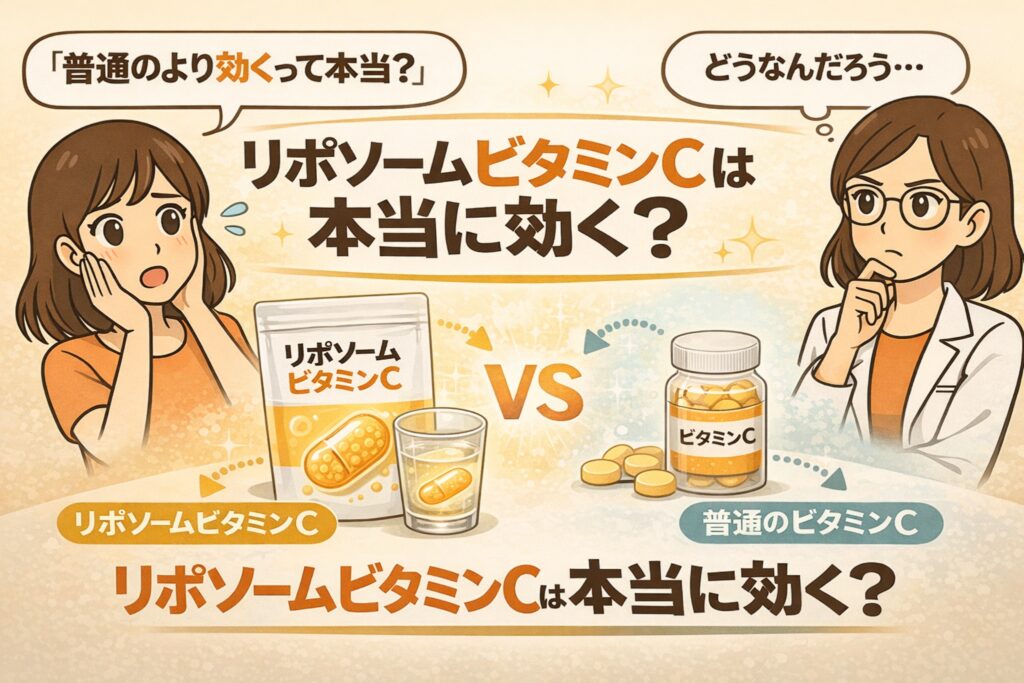 リポソームビタミンCと通常のビタミンCを比較した図解イラスト。リポソームタイプのサプリメントとドリンク、通常の錠剤タイプが並び、「本当に効果があるのか？」という疑問をテーマに、女性キャラクターが驚きと考察の表情で対比されている。