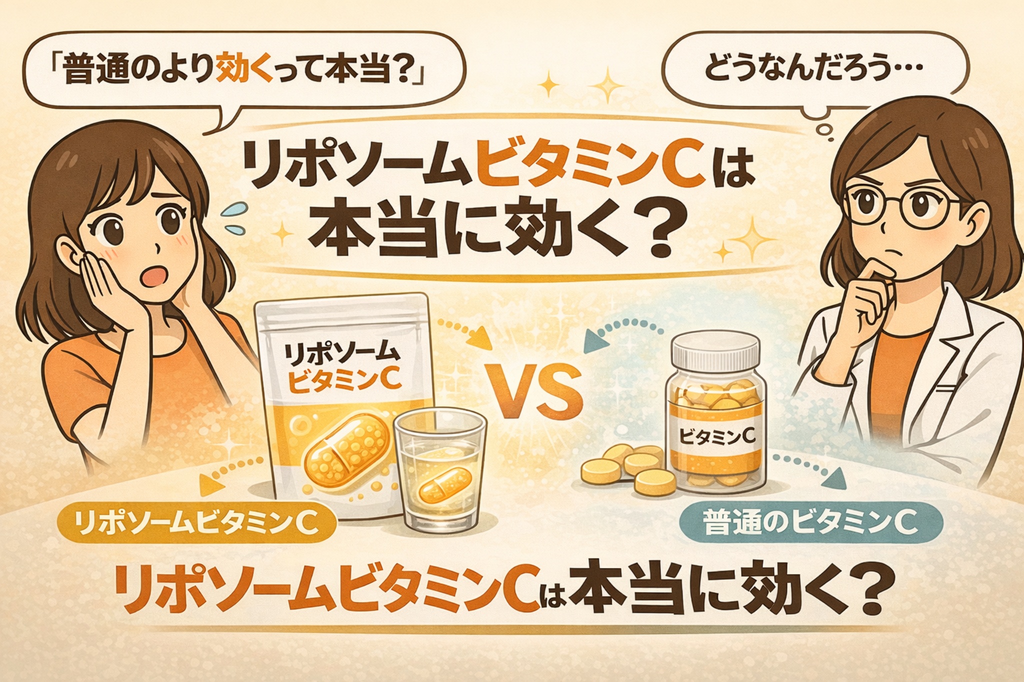 リポソームビタミンCと通常のビタミンCを比較した図解イラスト。リポソームタイプのサプリメントとドリンク、通常の錠剤タイプが並び、「本当に効果があるのか？」という疑問をテーマに、女性キャラクターが驚きと考察の表情で対比されている。