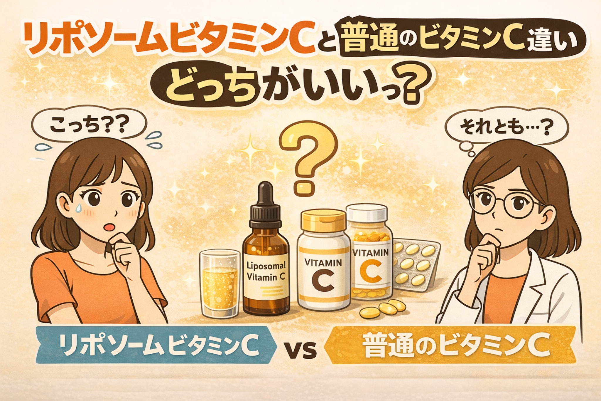 リポソームビタミンCと通常のビタミンCのどちらが良いかを比較した図解イラスト。リポソームタイプの液体やサプリと、通常の錠剤タイプのビタミンCが中央に並び、左右に迷う女性と考える白衣の女性キャラクターが配置されている。「どっちがいい?」という疑問をテーマにしたビジュアル。
