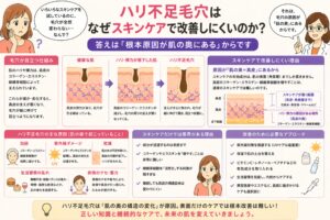 「ハリ不足毛穴はなぜスキンケアで改善しにくいのか？」というタイトルの日本語インフォグラフィック。左に悩む女性、右に白衣の女性が配置され、中央には健康な肌からハリ低下による毛穴変化の図解が示されている。右側ではスキンケアが届く範囲と真皮の構造の違いが説明され、下部にはハリ不足毛穴の原因（加齢・紫外線・乾燥・生活習慣など）と改善アプローチ（UVケア・保湿・有効成分・生活改善など）がまとめられている。