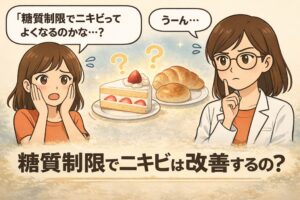糖質制限とニキビ改善の関係をテーマにした図解イラスト。ケーキやパンなどの糖質の多い食品とともに、糖質制限でニキビが改善するのか疑問を持つ女性と考える白衣の女性キャラクターが描かれている。「糖質制限でニキビは改善するの？」というテーマが強調されている。