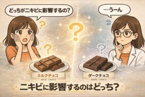 ミルクチョコとダークチョコのどちらがニキビに影響するかを比較した図解イラスト。2種類のチョコレートが並び、どちらが肌に影響するのか疑問を持つ女性と考える白衣の女性キャラクターが描かれている。「ニキビに影響するのはどっち？」というテーマが強調されている。