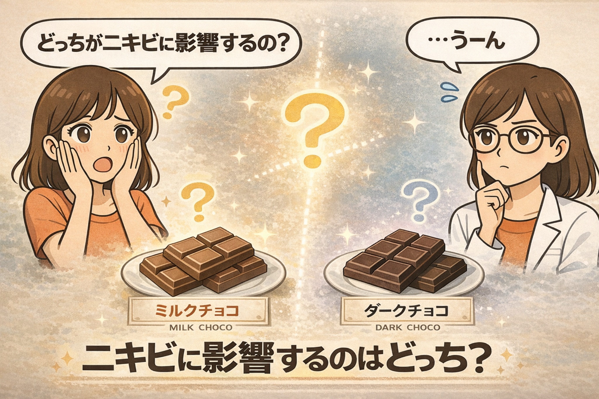 ミルクチョコとダークチョコのどちらがニキビに影響するかを比較した図解イラスト。2種類のチョコレートが並び、どちらが肌に影響するのか疑問を持つ女性と考える白衣の女性キャラクターが描かれている。「ニキビに影響するのはどっち？」というテーマが強調されている。