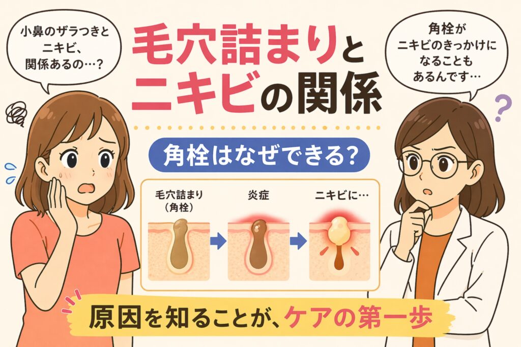 「毛穴詰まりとニキビの関係」と書かれた日本語インフォグラフィック。左に困った表情の女性、右に考える白衣の女性が配置され、中央には「角栓はなぜできる？」という見出しと、毛穴詰まり（角栓）→炎症→ニキビへと進行する図解が描かれている。下部には「原因を知ることが、ケアの第一歩」というメッセージが黄色の帯で強調されている。