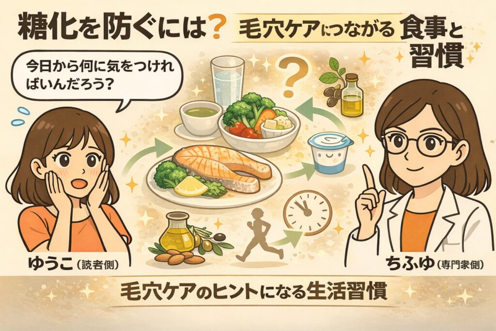 糖化を防ぐための食事と生活習慣を解説した図解イラスト。魚や野菜中心の食事、良質な油、ヨーグルト、適度な運動や生活リズムが円状に示され、毛穴ケアにつながる習慣として整理されている。悩む女性と解説する白衣の女性キャラクターが配置されている。