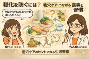 糖化を防ぐための食事と生活習慣を解説した図解イラスト。魚や野菜中心の食事、良質な油、ヨーグルト、適度な運動や生活リズムが円状に示され、毛穴ケアにつながる習慣として整理されている。悩む女性と解説する白衣の女性キャラクターが配置されている。