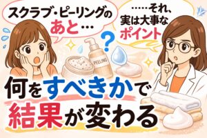 スクラブやピーリング後のケアの重要性を解説するイラスト。左では女性が「スクラブ・ピーリングのあと…」と疑問を持ち驚いている。中央にはピーリングボトル、スクラブ入りクリーム、水滴、保湿クリームなどのアイテムが描かれている。右側では白衣の女性が「それ、実は大事なポイント」と説明している様子。下部には「何をすべきかで結果が変わる」という大きな文字があり、角質ケア後のアフターケアが肌状態に大きく影響することを示す解説イメージ。