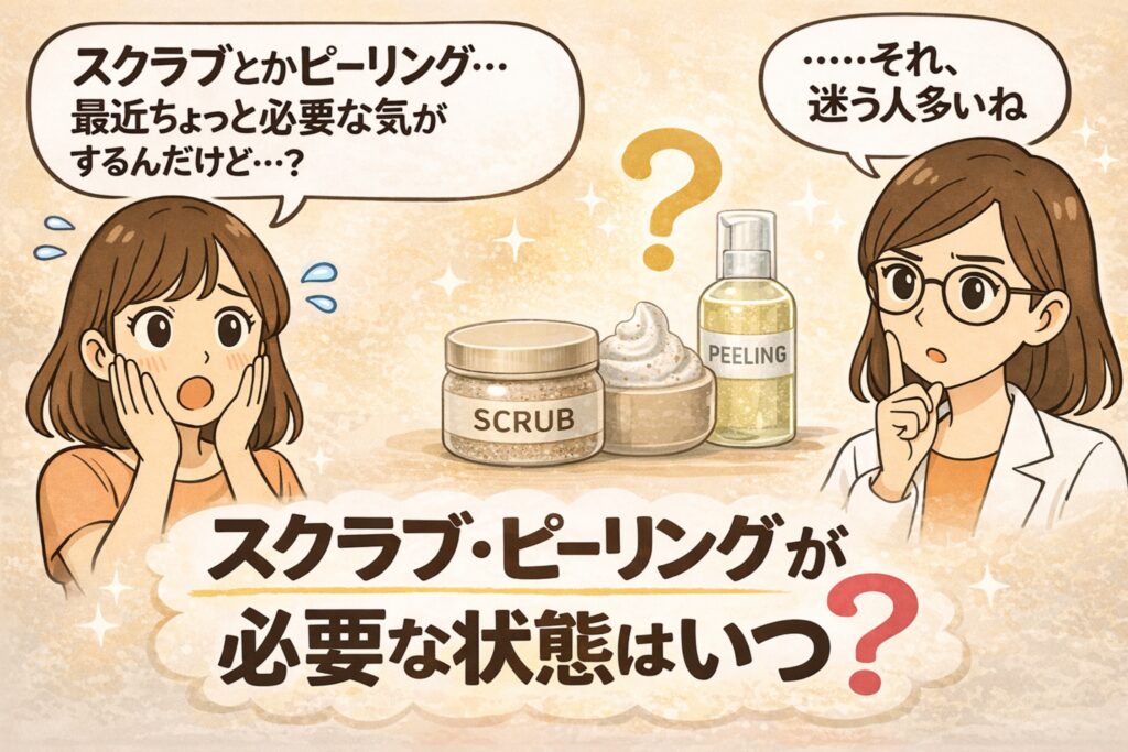 スクラブやピーリングが必要になる肌状態をテーマにした解説イラスト。左では女性が「スクラブとかピーリング…最近ちょっと必要な気がするんだけど…？」と悩んでいる。中央にはスクラブ入りのジャー容器、スクラブクリーム、ピーリングボトルが並んでいる。右側では白衣の女性が「それ、迷う人多いね」と考えている様子。下部には「スクラブ・ピーリングが必要な状態はいつ？」という大きなタイトルがあり、角質ケアが必要になるタイミングを解説する内容を示している。