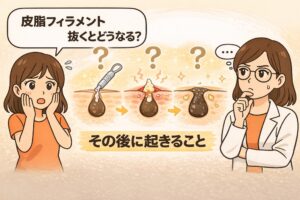 皮脂フィラメントを抜いた後に起こる変化を解説した図解イラスト。器具で押し出した後に毛穴が赤くなり、その後再び皮脂が詰まる様子を段階的に示している。左右には驚く女性と考え込む白衣の女性キャラクターが配置され、「その後に起きること」と表示されている。