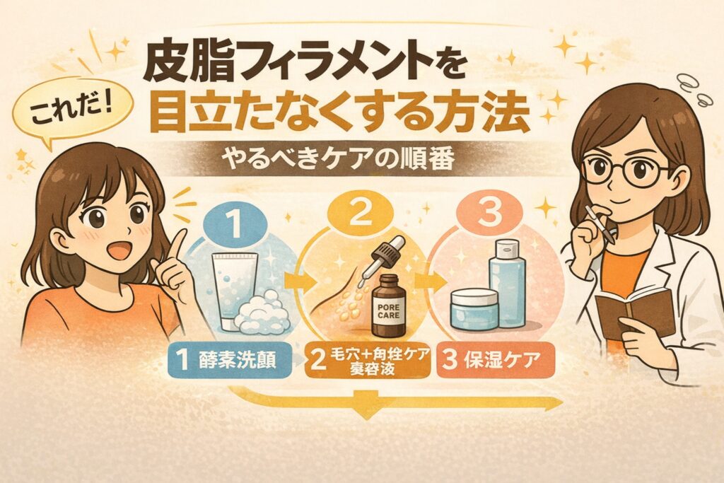 皮脂フィラメントを目立たなくするためのケア手順を示した図解イラスト。酵素洗顔、毛穴ケア美容液、保湿ケアの3ステップが順番に並び、女性キャラクターが解説している。全体として正しいスキンケアの流れを分かりやすく示している。