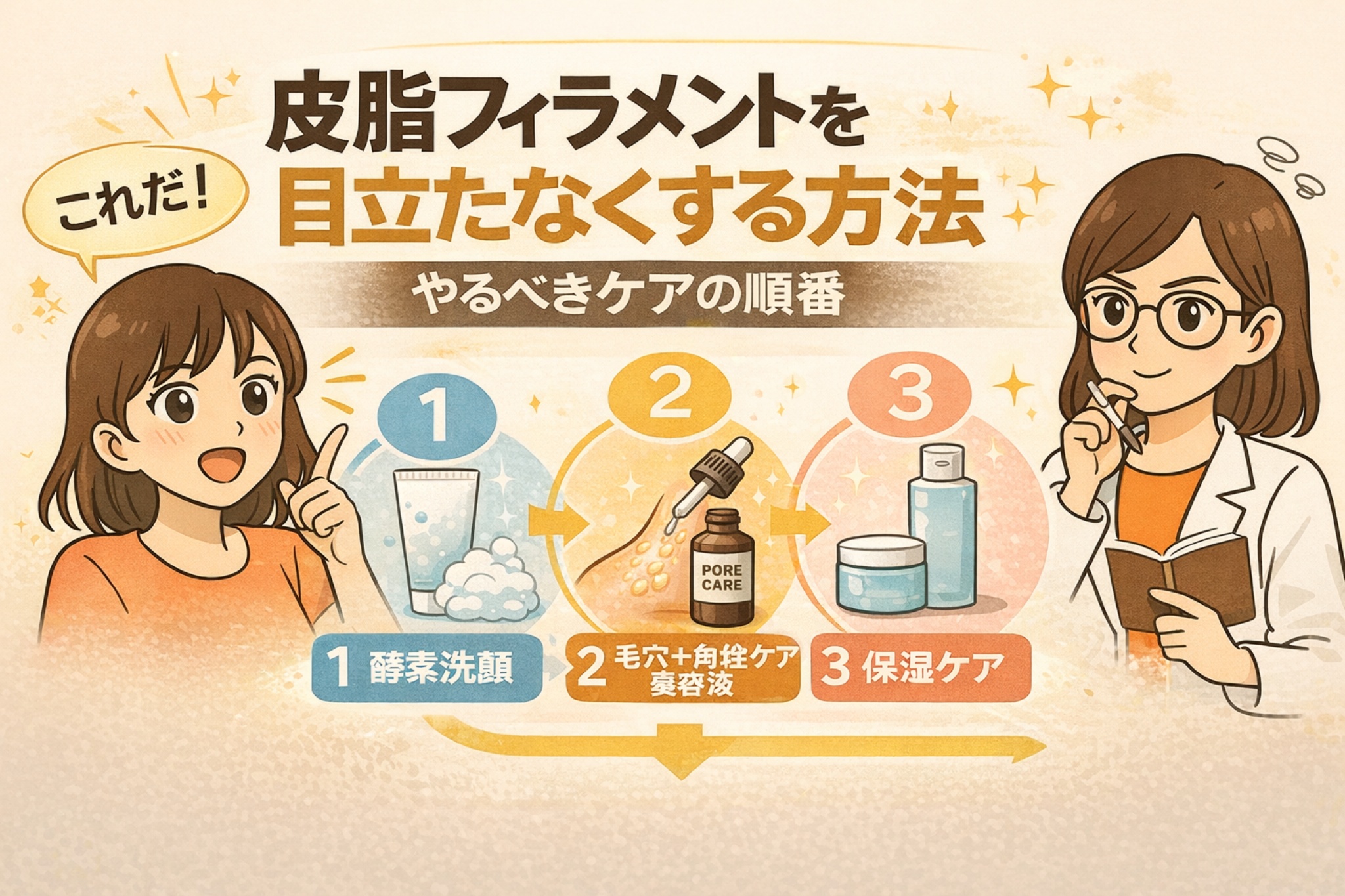 皮脂フィラメントを目立たなくするためのケア手順を示した図解イラスト。酵素洗顔、毛穴ケア美容液、保湿ケアの3ステップが順番に並び、女性キャラクターが解説している。全体として正しいスキンケアの流れを分かりやすく示している。