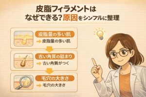 皮脂フィラメントができる原因を解説した図解イラスト。皮脂量の多い肌、古い角質の詰まり、毛穴の大きさという3つの要因が順に示され、毛穴内で皮脂が溜まる様子を段階的に説明。右側には白衣を着た女性キャラクターが指を立てて解説している。