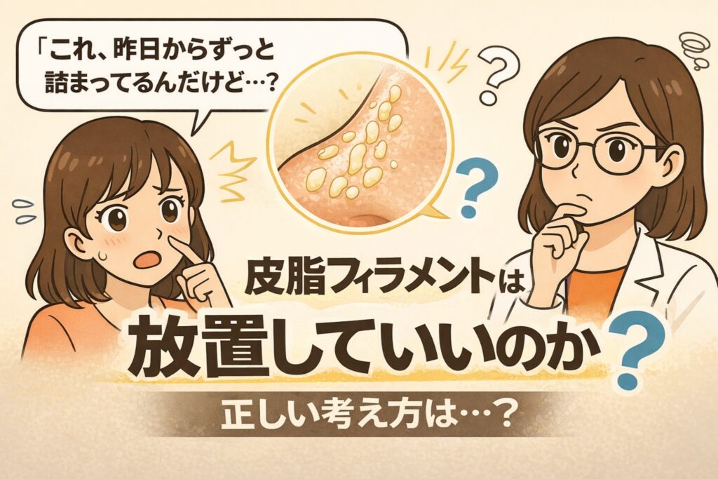 皮脂フィラメントを放置してよいかどうかをテーマにした図解イラスト。鼻の毛穴に皮脂が溜まった拡大図とともに、悩む女性と考え込む白衣の女性キャラクターが描かれ、「皮脂フィラメントは放置していいのか？正しい考え方は？」という問いかけが大きく表示されている。