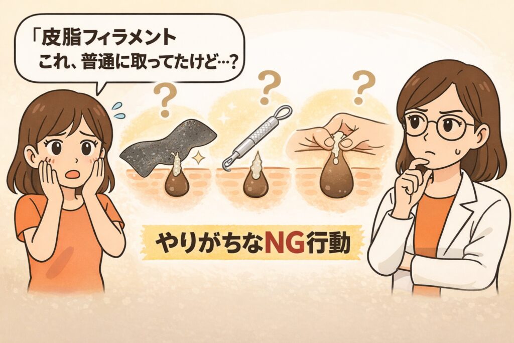 皮脂フィラメントを無理に取るNG行動を解説したイラスト。毛穴パック、器具での押し出し、指での押し出しなどの方法が中央に描かれ、疑問を持つ女性と考え込む白衣の女性キャラクターが左右に配置されている。中央には「やりがちなNG行動」と表示されている。
